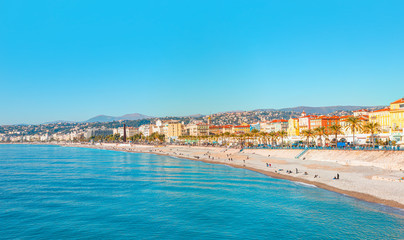 Fototapeta na wymiar Panoramic view of Nice coastline and beach - Nice, France