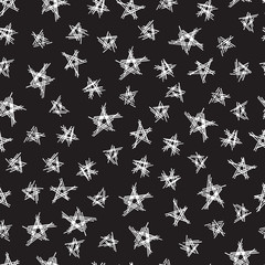 Hand Drawn doodle Stars Seamless Pattern - Vector illustration. Black and white background