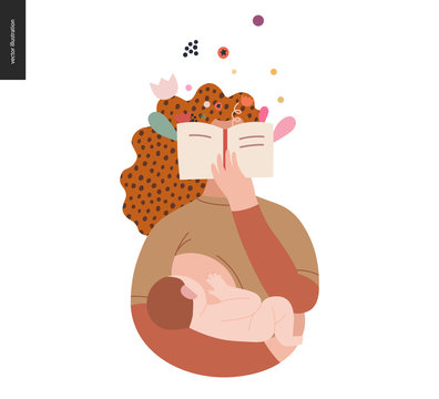 World Book Day graphics, breastfeeding template, book week events. Modern flat vector concept illustrations of reading people -a woman reading novel with enthusiasm, holding a baby, breastfeeding him.