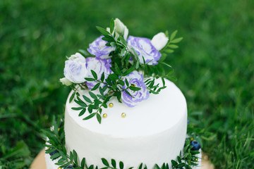 Wedding white two-tier cake with branches of greenery and lilac flowers of eustoma. Close up