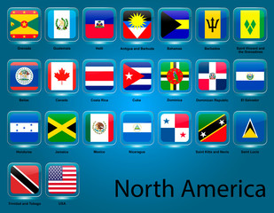 Collection of flags of North America. USA, Canada, Bahamas, Aruba, Saint Kitts and Nevis, Barbados, Antigua and Barbuda, Trinidad and Tobago. Complete collection. Blue background. Vector graphics.