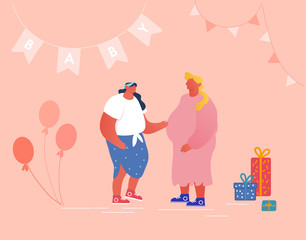 Happy People Celebration Soon Child Birthday, Baby Shower Event. Female Character Talking to Pregnant Woman in Decorated Room with Presents, Air Balloons and Garlands. Cartoon Flat Vector Illustration