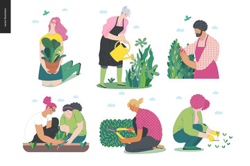 Gardening people set, spring -modern flat vector concept illustration of diverse people -men and women, doing hobby garden work -watering, planting, cutting, hoeing, arranging Spring gardening concept