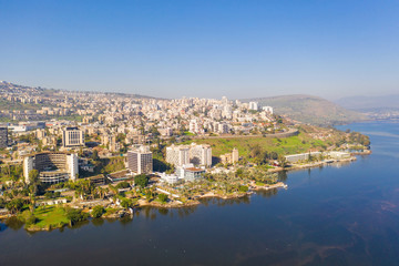 Aerial image of Tiberias, Israel. with the sea of Galilee on a clear day.