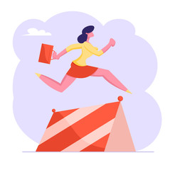 Business Woman Character with Briefcase in Hand Running on Stadium Jumping over Barriers. Successful Businesswoman Run Competition, Race Marathon Leadership Concept Cartoon Flat Vector Illustration