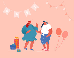 Baby Shower Event, Female Character Talking to Pregnant Woman in Decorated Room with Presents, Air Balloons and Garlands. Happy People Celebration Soon Baby Birthday, Cartoon Flat Vector Illustration