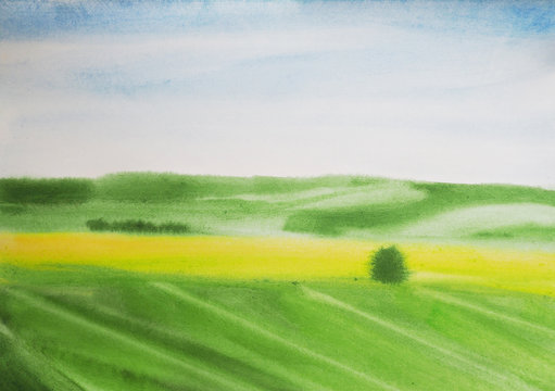 watercolor nature and landscape of summer with tree 