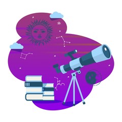 Astronomy telescope, vector illustration. Space research hobby, optical technology instrument and science books. Old style graphic icons of sun and moon. Portable space astronomy telescope on tripod