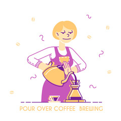 Woman Brewing Coffee Concept. Housewife or Waitress Pouring Hot Drink into Cezve on Kitchen or in Coffee Shop, Bartender Work Poster Banner Flyer Brochure. Cartoon Flat Vector Illustration, Line Art