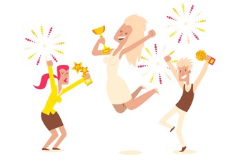 Happy people celebrating victory, vector illustration. Competition winner award, man and woman cartoon characters jumping and dancing in excitement. Teamwork victory celebration party, prize winner