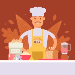 Baker making bread, professional cook in chef uniform cartoon character, vector illustration. Culinary class promotion, traditional pastry shop decoration, bakehouse presentation. Freshly baked bread