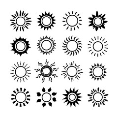 Sun symbol icon set. Summer spring sunshine rays sign. Weather bright sunlight iconic illustration. Vector image sunrise flat logo on white background