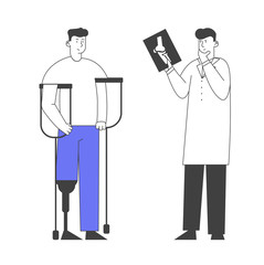 Invalid Handicapped Man Standing on Crutches with Prosthesis on Leg Visiting Orthopedy Clinic or Hospital Communicate with Doctor Orthopedist. Healthcare Cartoon Flat Vector Illustration, Line Art