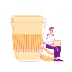 Young Hipster Sit with Laptop in Hands on Coffee Bean near Huge Plastic Cup with Hot Beverage Isolated on White Background. Remote Freelance or Office Job Cartoon Flat Vector Illustration, Line Art