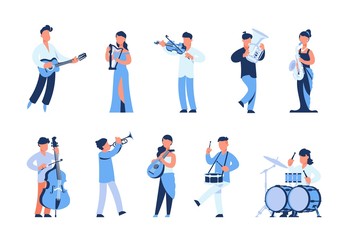 Cartoon musicians. Men and women playing musical instruments, street musicians and orchestra members. Vector illustration flat symphony band in blue set