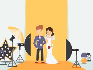 Bride and groom at wedding photoshoot in photo studio, vector illustration. Newlywed couple cartoon character, professional photography equipment. Husband and wife in wedding dress, studio light setup