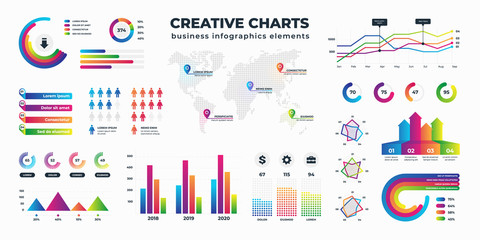 Graphs and charts. Business statistics for data and finance analysis, collection of information visualization. Vector schemes diagrams and bar charts set circular and column type