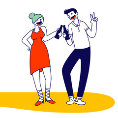 Young Woman and Man Wearing Fashionable Clothes Clinking Bottles with Alcohol Drink Having Fun at Disco Party in Night Club. Nightlife Relaxation, Friends Meeting Cartoon Flat Vector Illustration
