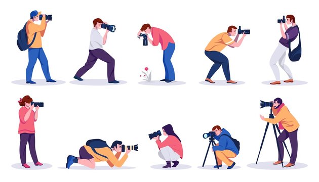 Photographers. Professional cartoon people with cameras shooting photos with tripods and from hands. Vector isolated illustrations young characters paparazzi, bloggers and journalists