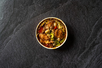 Take Away Shanghai Style Sea Bass Fish Fillets Food with Vegetables, Soy Sprouts and Broccoli in Plastic Box / Package.