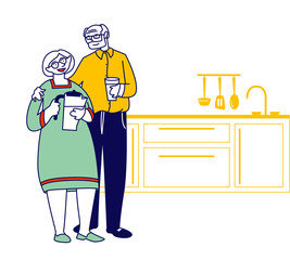 Happy Loving Senior Couple Stand on Kitchen Man Holding Glass and Woman with Potter for Filtering Water in Hands. Pensioners Loving Relation and Healthy Lifestyle. Cartoon Flat Vector Illustration