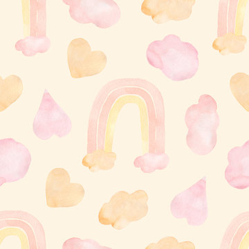 Watercolor nursery boho raindow pattern in neutral decicate beige colors. Kids digital paper, baby boy and girl rainbow background. Magic unicorn rainbows wallpaper. Valentine day pattern