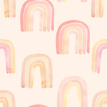 Watercolor nursery boho raindow pattern in neutral decicate beige colors. Kids digital paper, baby boy and girl rainbow background. Magic unicorn rainbows wallpaper.