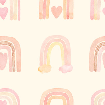 Watercolor nursery boho raindow pattern in neutral decicate beige colors. Kids digital paper, baby boy and girl rainbow background. Magic unicorn rainbows wallpaper. Valentine day pattern