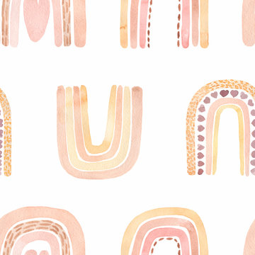 Watercolor nursery boho raindow pattern in neutral decicate beige colors. Kids digital paper, baby boy and girl rainbow background. Magic unicorn rainbows wallpaper.