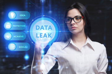 Business, Technology, Internet and network concept. Young businessman working on a virtual screen of the future and sees the inscription: Data leak