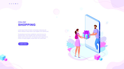 Trendy flat illustration. Online shopping page concept. Girl receives a gift from a smartphone. Online marketing concept. Customer feedback. Template for your design works. Vector graphics.