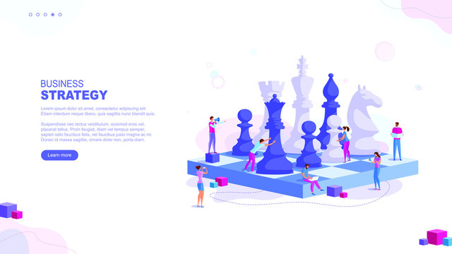 Trendy flat illustration. Business strategy page concept. Teamwork and competition. Chess game. Chess pieces. Template for your design works. Vector graphics.