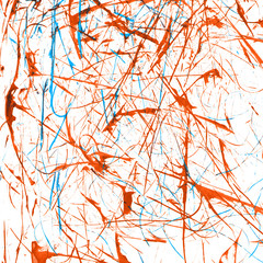 Blue and orange abstract watercolor paint stains on white background. Colorful hand drawn wallpaper for your design. Bright gouache backdrop.