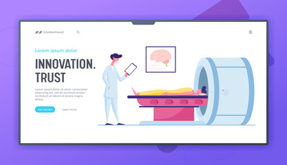 Magnetic Resonance Imaging Digital Technology in Medicine Diagnostic Website Landing Page. Patient Lying Down on Mri Scan Machine with Doctor Stand beside Page Banner. Cartoon Flat Vector Illustration