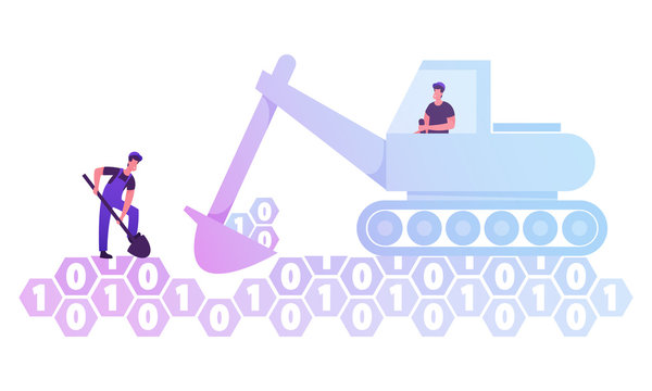 Couple of Workers with Spade and Excavator Digging Hole in Ground made of Binary Code Digits. Data Mining and Information Research Concept. Innovation Technology Cartoon Flat Vector Illustration