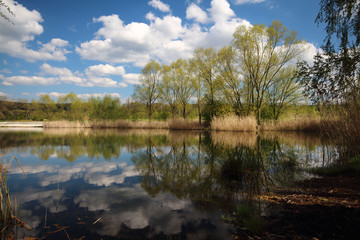 landscape with lake and blue sky