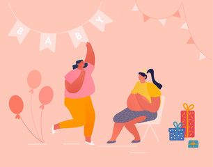 Happy Pregnant Woman Celebrate Baby Shower with Girl Friend Chatting, Dancing, Getting Gifts. Healthy Pregnancy Lifestyle, Maternity Child Bear. Character Waiting Kid Cartoon Flat Vector Illustration