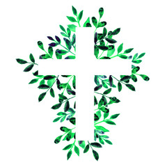 Green hand drawn floral watercolor cross on white background. Religious foliage illustration for Easter.Christian, Baptism, and First Communion Designs. Frame.