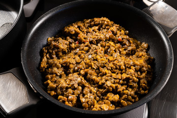 Homemade Turkish Food Lentil Ragu with Minced Meat in Pan.