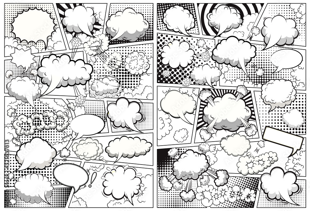 Wall mural comic book page template divided by lines with speech bubbles black and white. vector illustration.