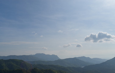 Mountain range covered by forest with blue sky landscape.