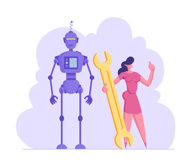 Businesswoman Holding Huge Wrench Stand near Cyborg. Futuristic Technology and Science Development Concept. Technical Support, Business Automatization, Robot and Human Cartoon Flat Vector Illustration