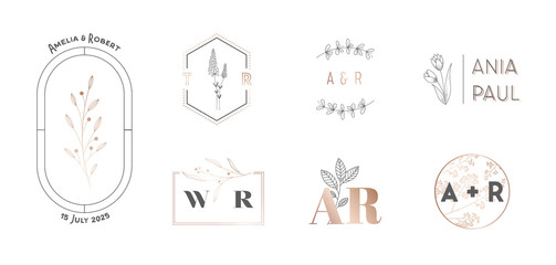 Wedding Monogram Logos Collection with Hand Drawn Flowers. Modern Minimalistic Floral Templates for Invitation Cards, Save the Date, Elegant Identity for Restaurant, Boutique, Cafe Vector Illustration