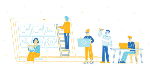 Front End Development Concept. Developers Create Web Interface, Coding and Programming on Laptop. Professional Expert Html Data Base Structure, Java Script Cartoon Flat Vector Illustration, Line Art