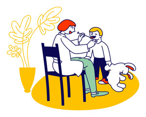 Doctor Logopedist Working with Little Boy Having Speech Pronunciation Problems Looking on Tongue of Little Baby. Logopedy Clinic Service, Medical Help to Children Cartoon Flat Vector Illustration