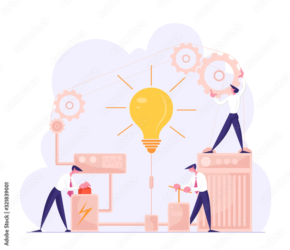 Aufkleber businessmen launch huge light bulb pushing lever arm and red button in mechanism with gears, busines