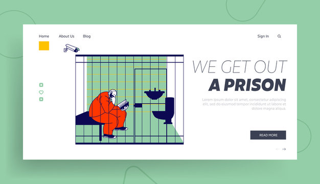Prisoner in Prison Lifestyle Website Landing Page. Life in Jailhouse. Arrested Convict Man Sit in Cell with Toilet Behind of Metal Bars Reading Book Web Page Banner. Cartoon Flat Vector Illustration