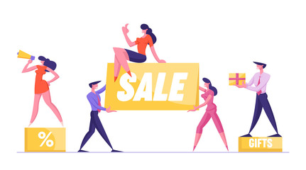 Big Sale Concept. Woman Promoter with Megaphone Stand on Podium with Percent Symbol. Customer Holding Gift. Special Shopping Offer Promotion Discount and Price Off Day Cartoon Flat Vector Illustration