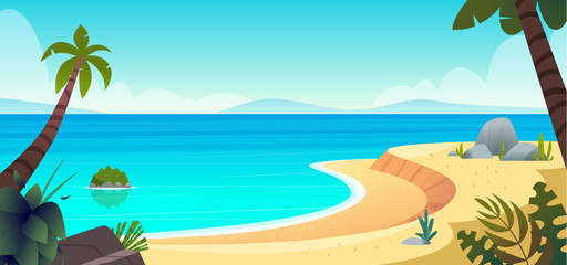 Fototapeta na wymiar Summer tropical sandy beach. Sandy seashore, sea coast with palm tree and blue calm sea water.