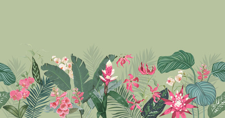 Seamless Tropical Floral Print with Exotic Flowers Guzmania Orchid Blossoms, Jungle Fern Leaves on Green Background. Rainforest Plants Wallpaper Template, Nature Textile Ornament Vector Illustration